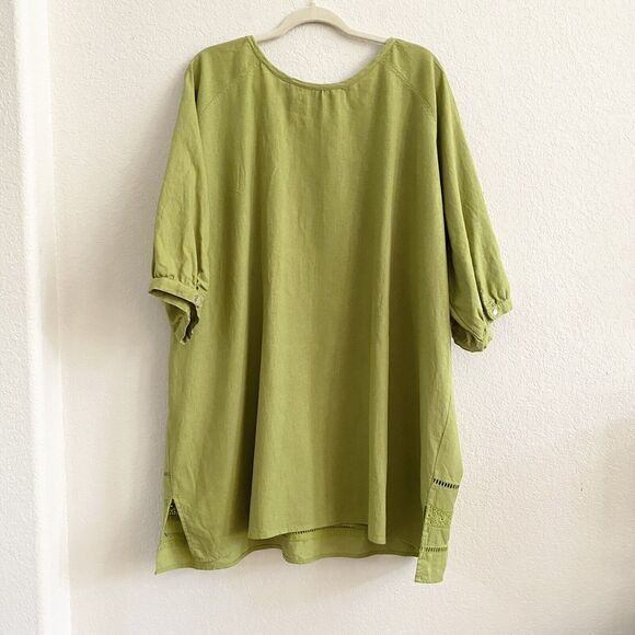 Woman Within Linen Blend Green Tunic Top Blouse Size 2X Crocheted Hem Pullover - Picture 7 of 10